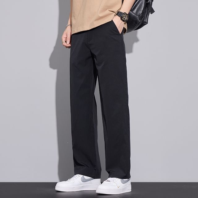 Denimic-Mid Rise Plain Straight Leg Pants