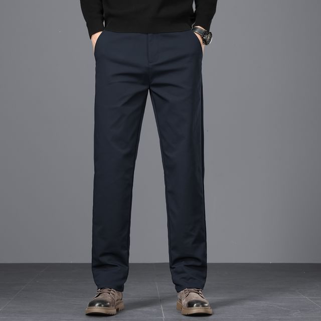 Denimic-Mid Rise Plain Straight Leg Pants