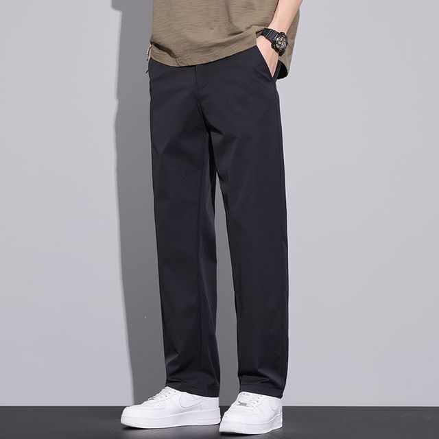 Denimic-Mid Rise Plain Straight Leg Pants