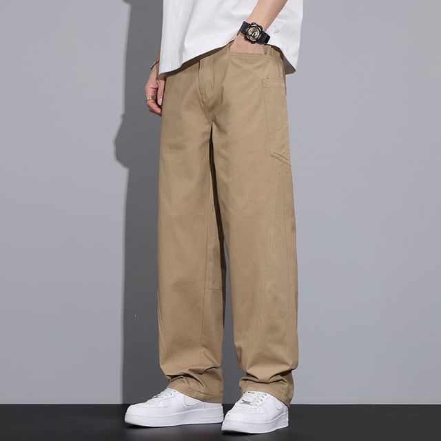 Denimic-Mid Rise Plain Straight Leg Pants