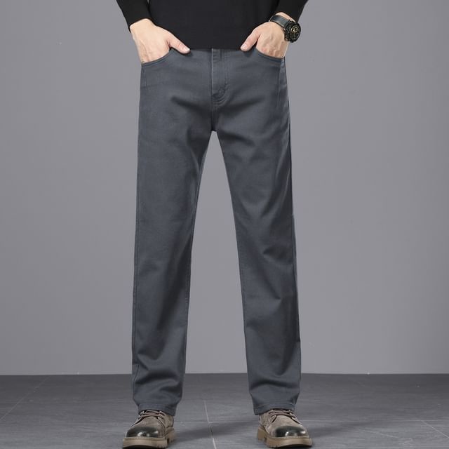 Denimic-Mid Rise Plain Straight Leg Pants