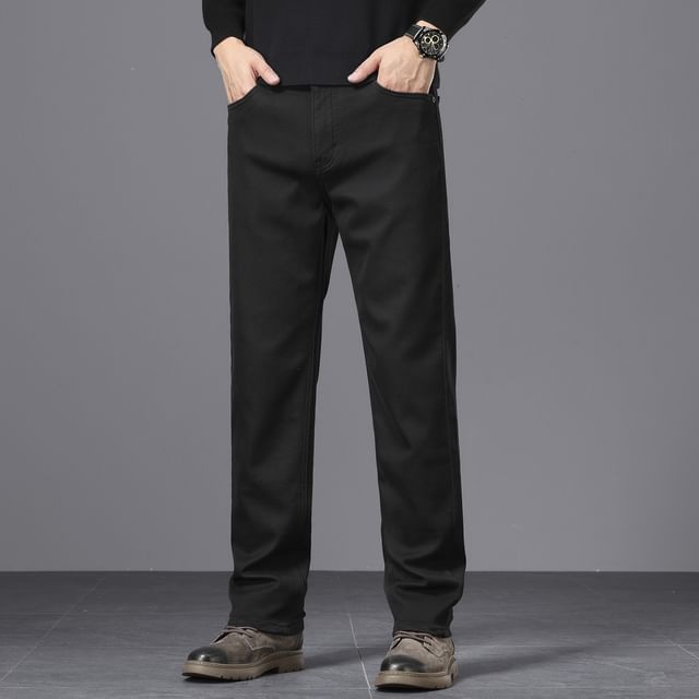 Denimic-Mid Rise Plain Straight Leg Pants