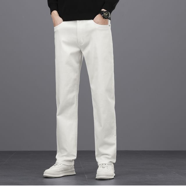 Denimic-Mid Rise Plain Straight Leg Pants