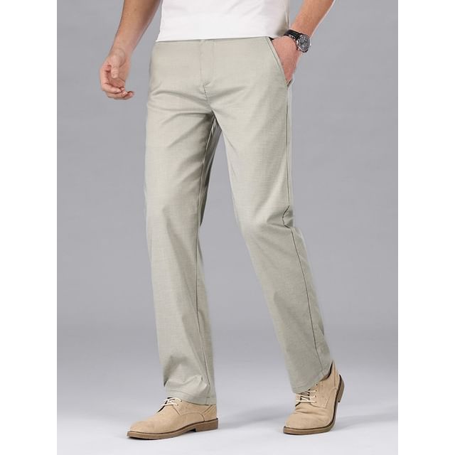Denimic-Mid Rise Plain Straight Leg Slacks