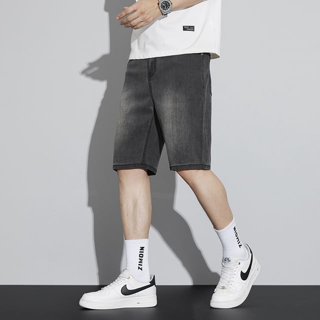 Denimic-Mid Rise Washed Denim Shorts