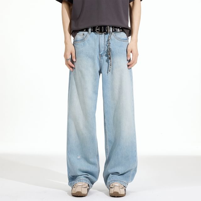 Denimic-Mid Rise Washed Distressed Straight Leg Jeans