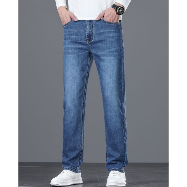 Denimic-Mid Rise Washed Straight Leg Jeans