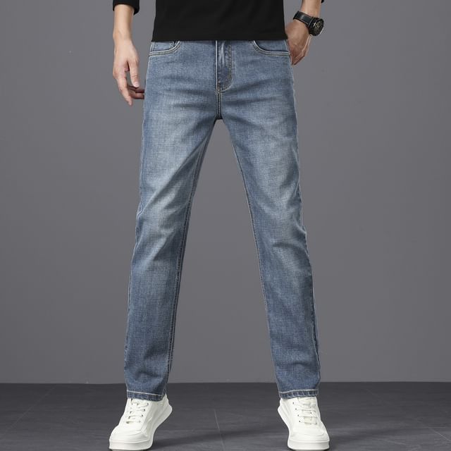 Denimic-Mid Rise Washed Straight Leg Jeans