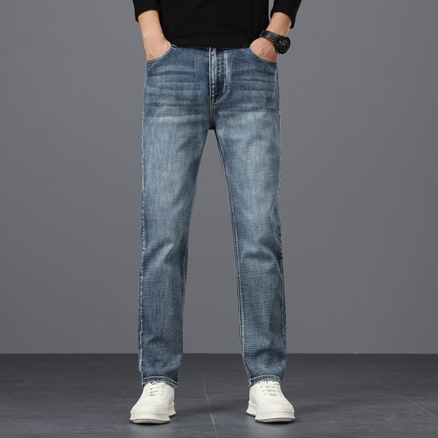 Denimic-Mid Rise Washed Straight Leg Jeans