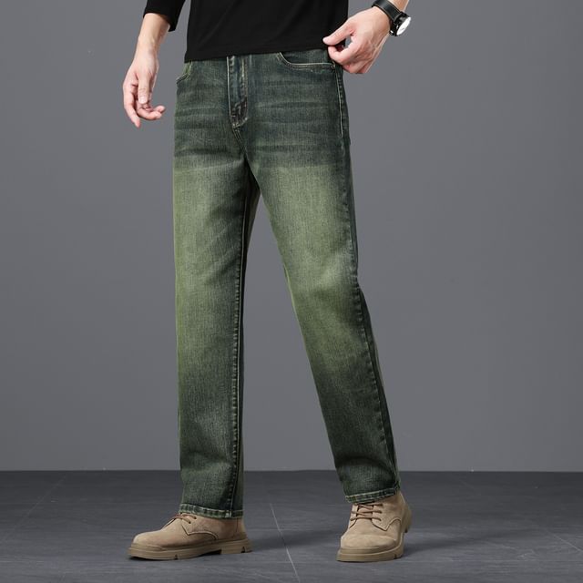 Denimic-Mid Rise Washed Straight Leg Jeans