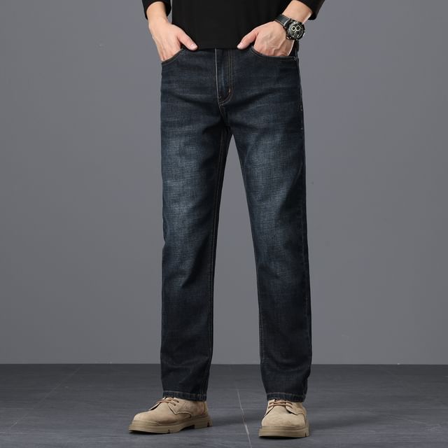 Denimic-Mid Rise Washed Straight Leg Jeans