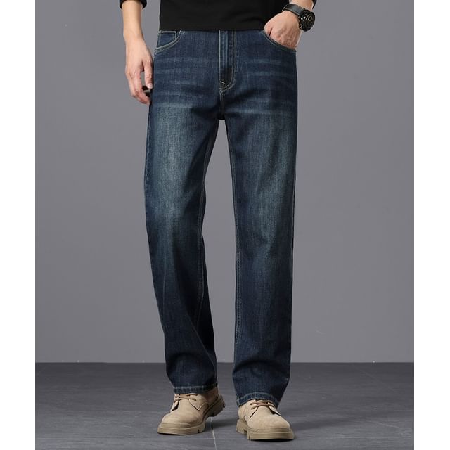 Denimic-Mid Rise Washed Straight Leg Jeans