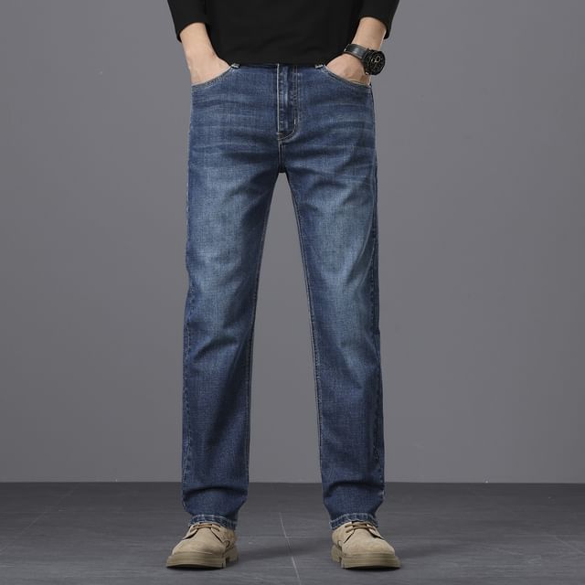 Denimic-Mid Rise Washed Straight Leg Jeans