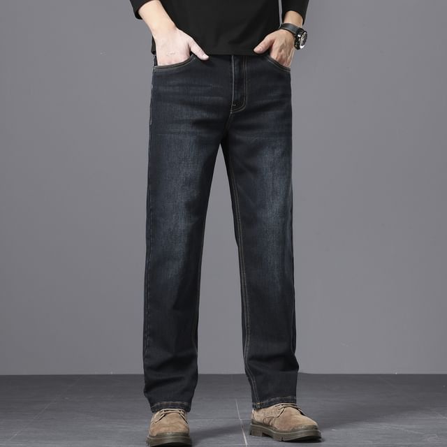 Denimic-Mid Rise Washed Straight Leg Jeans