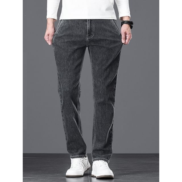 Denimic-Mid Rise Washed Straight Leg Jeans