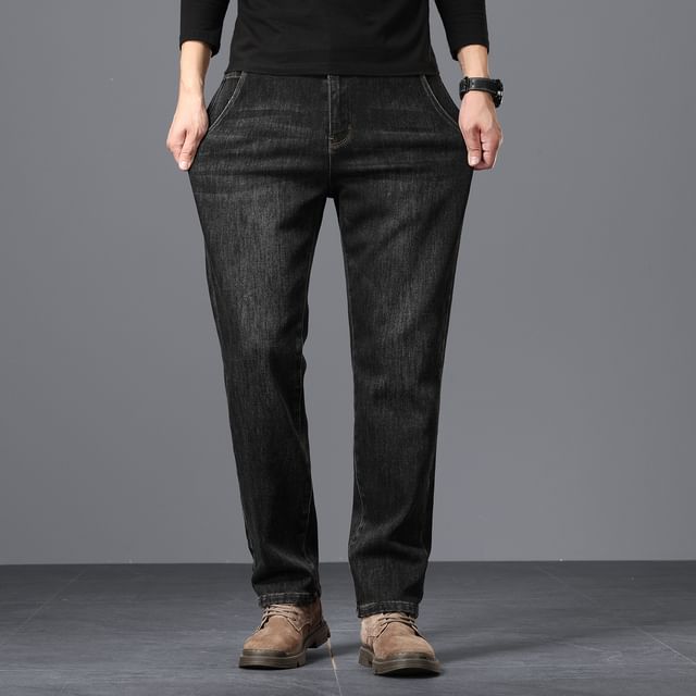 Denimic-Mid Rise Washed Straight Leg Jeans