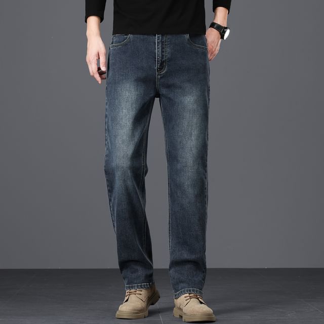 Denimic-Mid Rise Washed Straight Leg Jeans