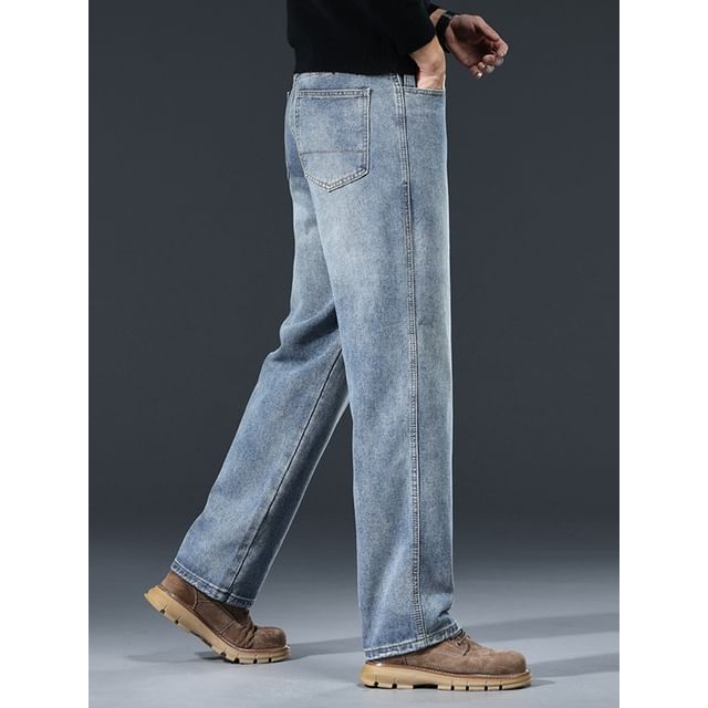 Denimic-Mid Rise Washed Straight Leg Jeans