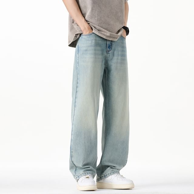 Denimic-Mid Rise Washed Straight Leg Jeans