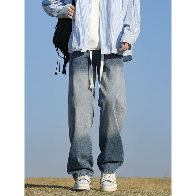 Denimic-Mid Rise Washed Straight Leg Jeans