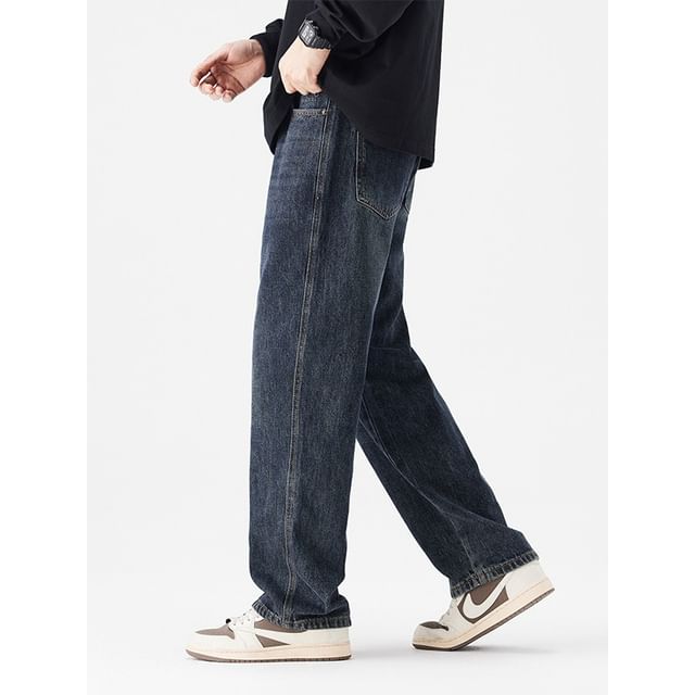Denimic-Mid Rise Washed Straight Leg Jeans