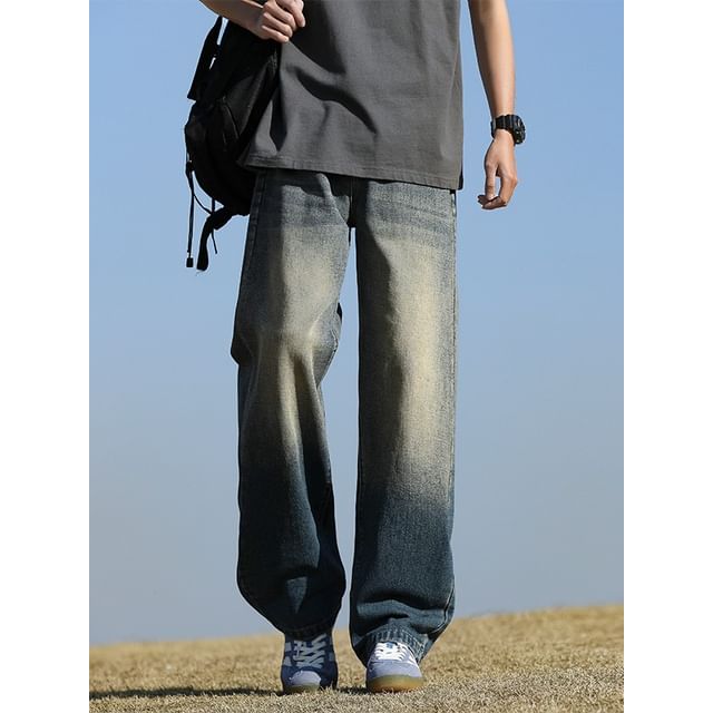 Denimic-Mid Rise Washed Straight Leg Jeans