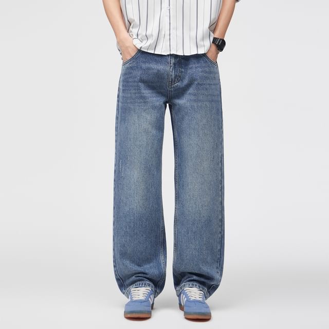 Denimic-Mid Rise Washed Straight Leg Jeans