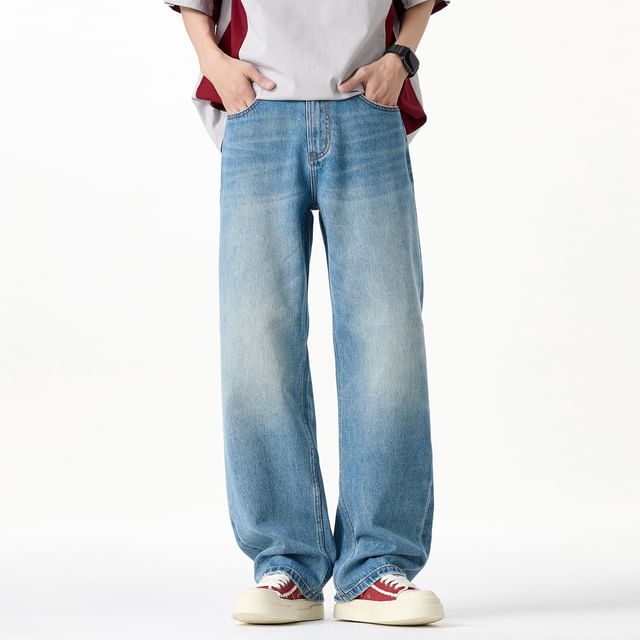 Denimic-Mid Rise Washed Straight Leg Jeans
