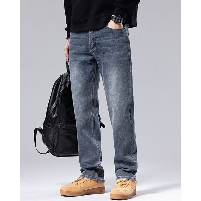 Denimic-Mid Rise Washed Straight Leg Jeans