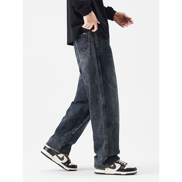 Denimic-Mid Rise Washed Straight Leg Jeans