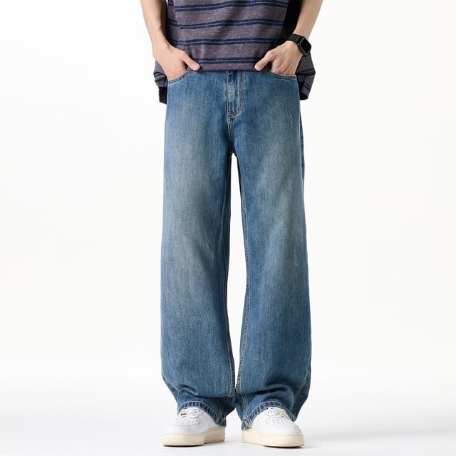 Denimic-Mid Rise Washed Straight Leg Jeans
