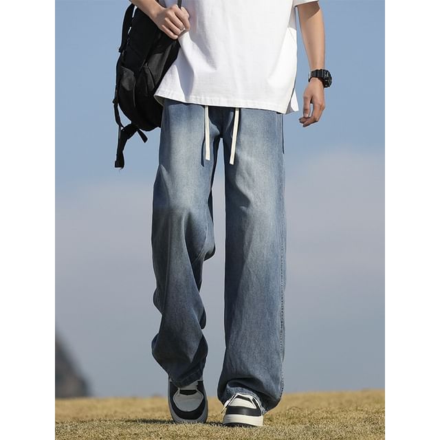 Denimic-Mid Rise Washed Straight Leg Jeans