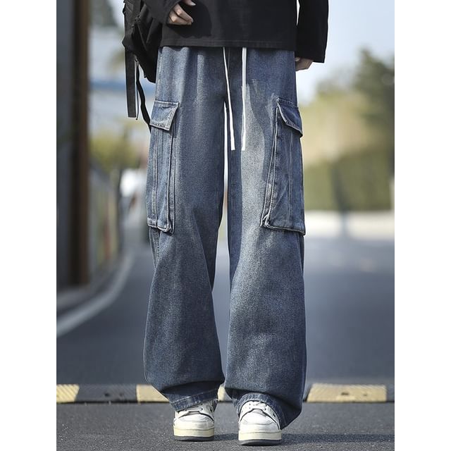 Denimic-Mid Rise Washed Wide Leg Cargo Jeans