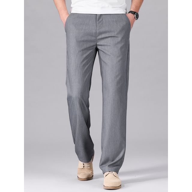 Denimic-Mid Waist Elastic Plain Straight Leg Pants