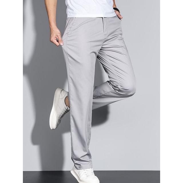 Denimic-Mid Waist Elastic Plain Straight Leg Pants