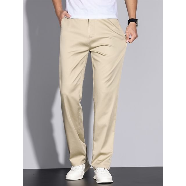 Denimic-Mid Waist Elastic Plain Straight Leg Pants