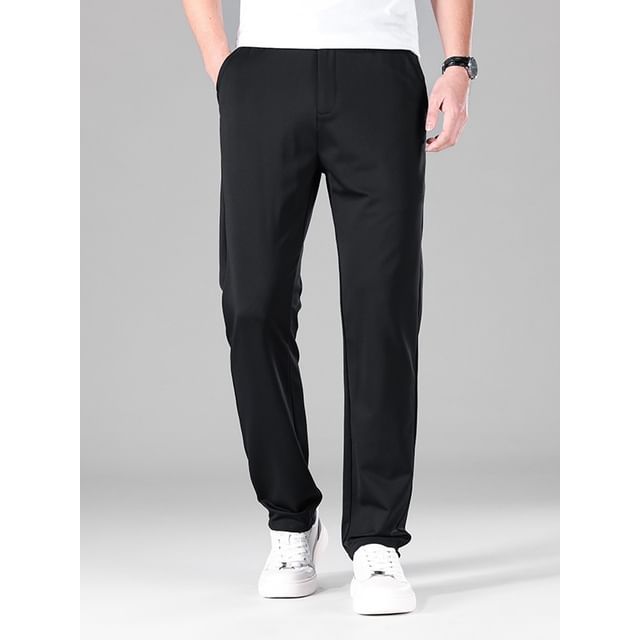 Denimic-Mid Waist Plain Straight Leg Pants