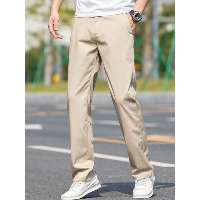 Denimic-Mid Waist Plain Straight Leg Pants