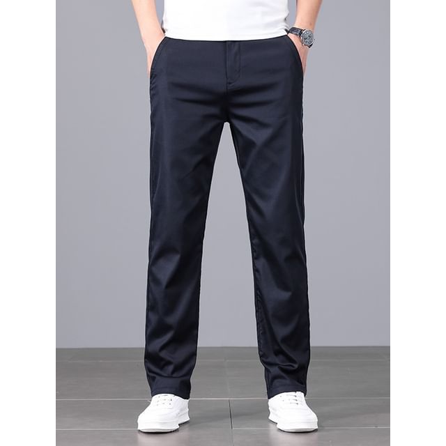 Denimic-Mid Waist Plain Straight Leg Pants