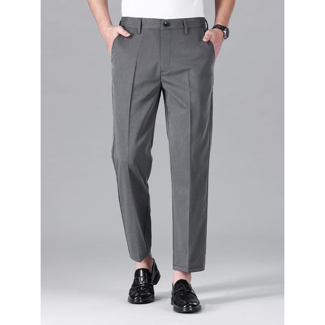 Denimic-Mid Waist Plain Tapered Dress Pants