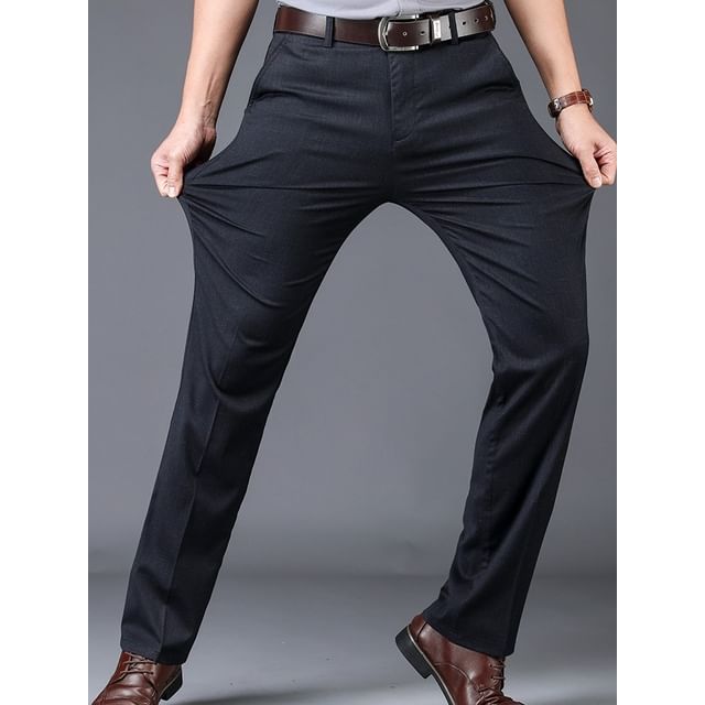 Denimic-Mid Waist Plain Tapered Dress Pants