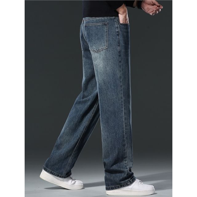 Denimic-Mid Waist Washed Straight Leg Jeans