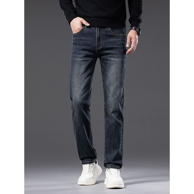 Denimic-Mid Waist Washed Straight Leg Jeans