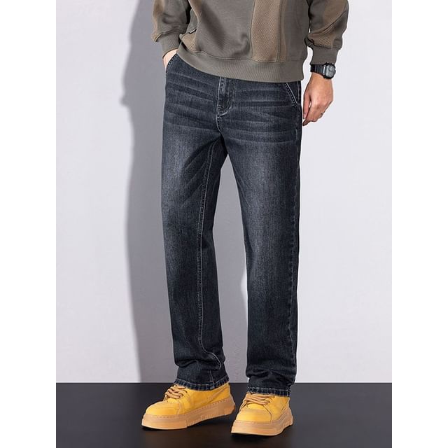 Denimic-Mid Waist Washed Straight Leg Jeans