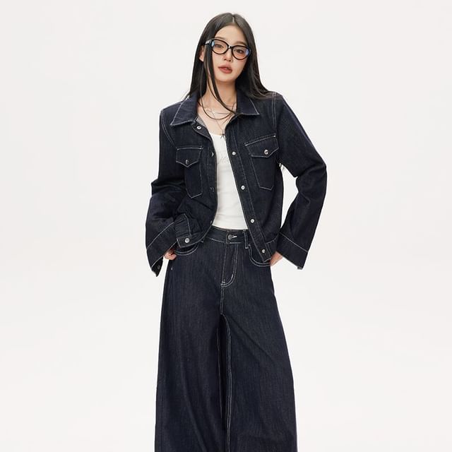 Denimot-Collared Button-Up Denim Jacket High Waist Wide Leg Jeans Various Designs