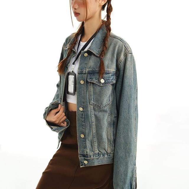 Denimot-Collared Button-Up Denim Jacket