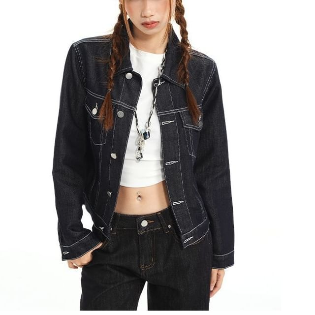 Denimot-Collared Button-Up Denim Jacket