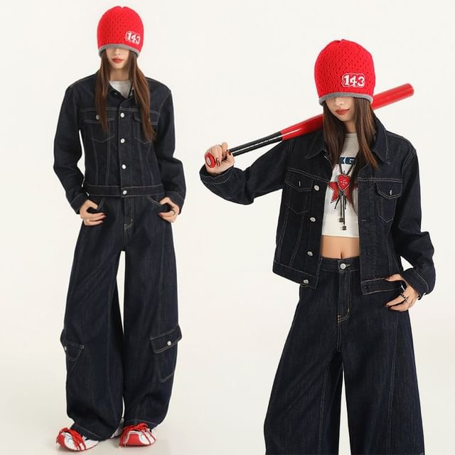 Denimot-Collared Button-Up Denim Jacket Mid Waist Baggy Jeans Various Designs