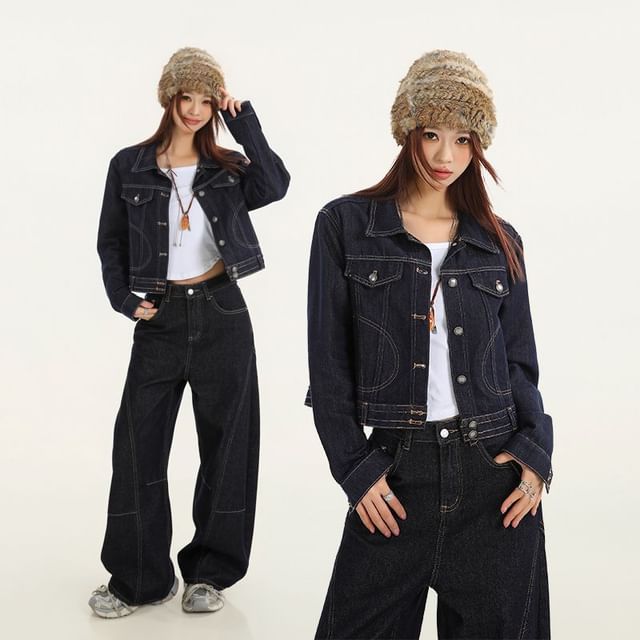 Denimot-Collared Button-Up Denim Jacket Mid Waist Baggy Jeans Various Designs