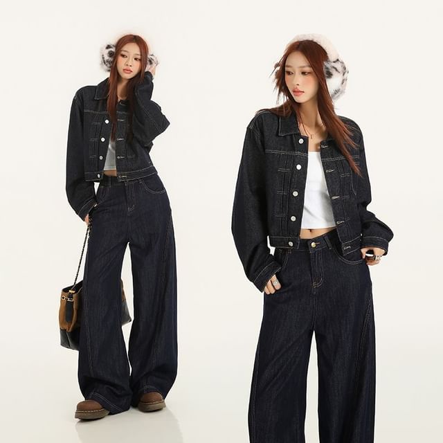 Denimot-Collared Button-Up Denim Jacket Mid Waist Baggy Jeans Various Designs